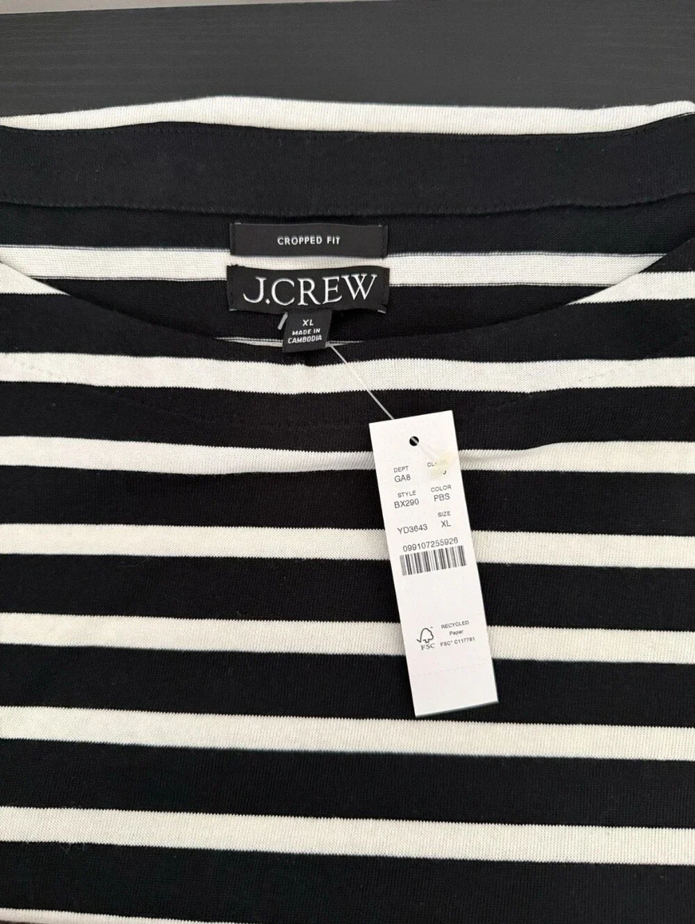 NWT J. Crew Cropped Black & White Stripe Shirt Sweater Top XL